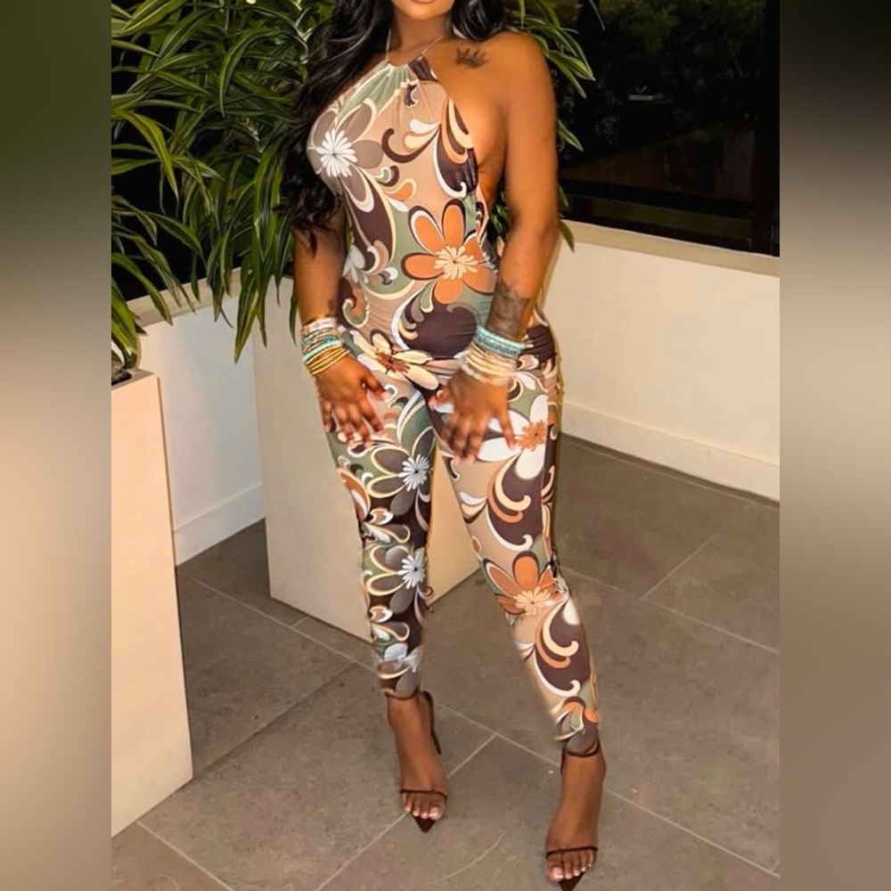 Tropical Print Halter Neck Bodycon Jumpsuit